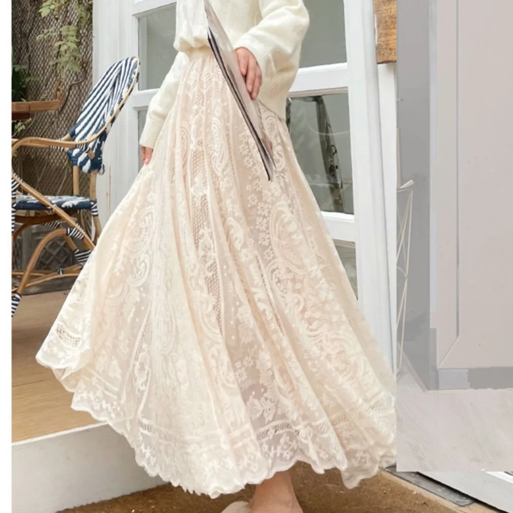 Lace skirt cream beige womens summer spring long skirt floral - Picture 4 of 15